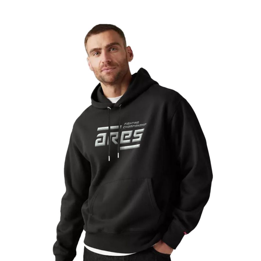 Sweat CapucheNOIR Logo ARES BLANC Puff